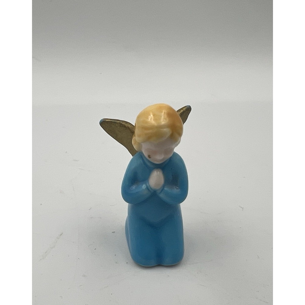 Vintage Bug House Miniature Bone China Mini Angel Praying Figurine Blue 1.25"